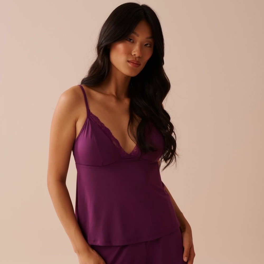 Matching Set - M Violet Lace Trim Cami & Bikini Panty Lingerie - La Vie En Rose